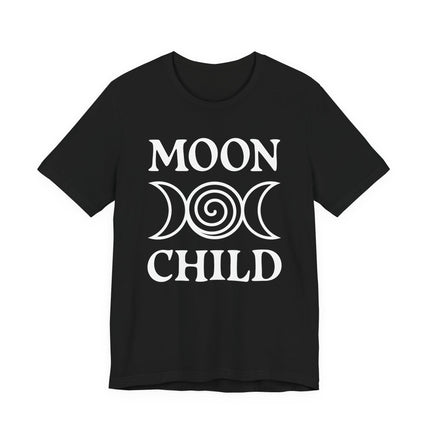 Moon Child graphic tee with triple moon symbol, celestial goddess design on black shirt.