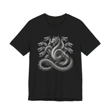 Multi-headed hydra dragon graphic illustration on a black t-shirt.
