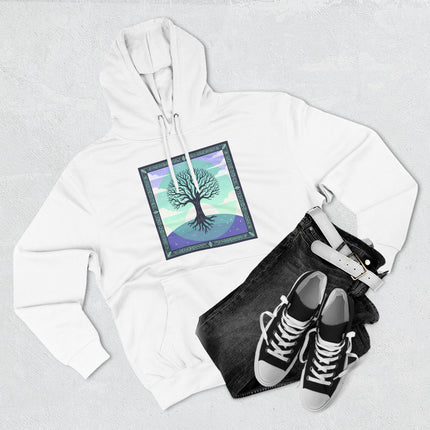 Mystical Celtic Tree of Life graphic on a white unisex hoodie.