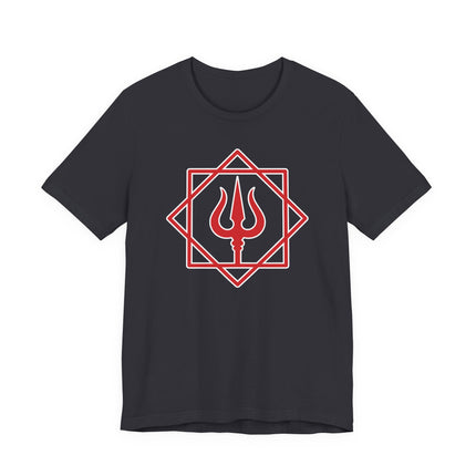 Black t-shirt featuring a red geometric trishula symbol, representing Lord Shiva and Hindu spirituality.