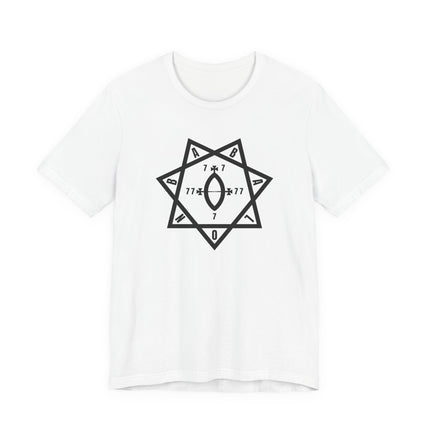 Star of Babalon occult symbol graphic tee shirt featuring Thelema symbolism.