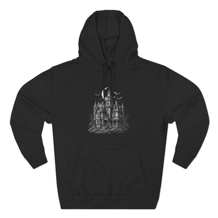 Monochrome gothic haunted mansion illustration with bats and moon.