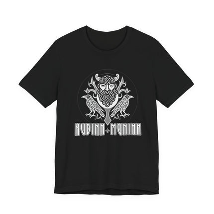Norse raven graphic tee featuring Huginn and Muninn, Odin's ravens, and Viking mythology text.