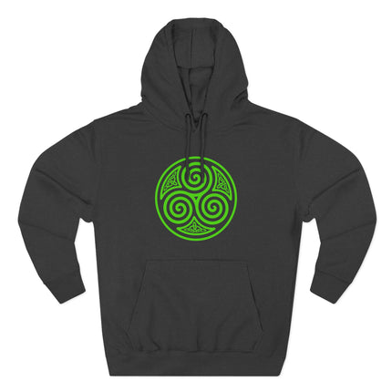 Green Celtic triskelion spiral symbol on a black pullover hoodie.