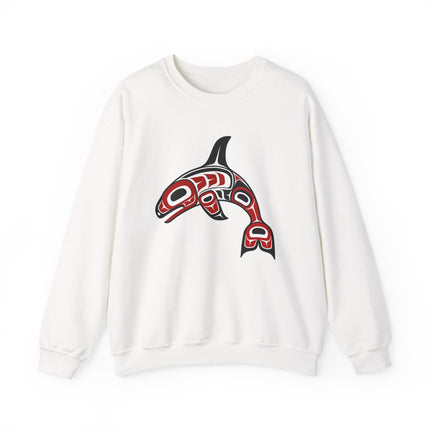 Pacific Northwest formline art orca graphic on a white unisex sweatshirt.