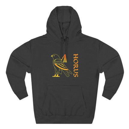Horus Egyptian god graphic on black hoodie. Features a golden falcon design and "HORUS" text.