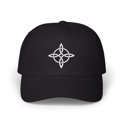 Embroidered Celtic knot symbol on a black baseball cap.