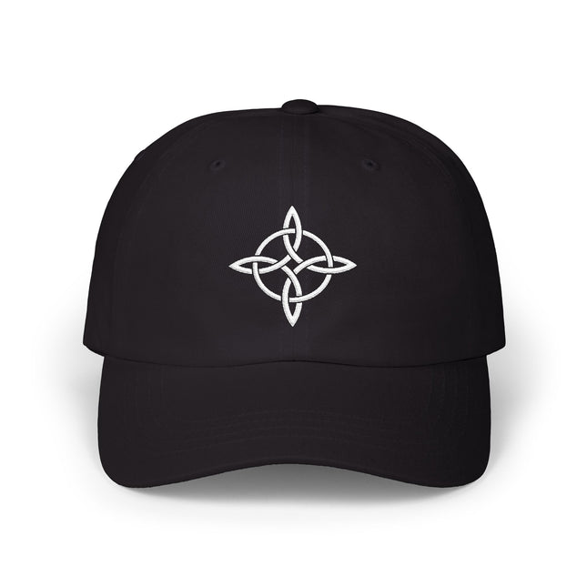 Embroidered Celtic knot symbol on a black baseball cap.