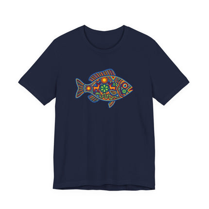 Vibrant Mexican folk art fish graphic tee in Huichol style.