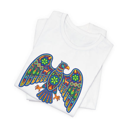 Vibrant Huichol art eagle graphic tee featuring Mexican indigenous folk art design.