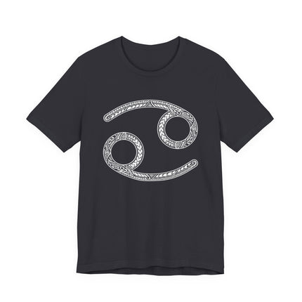 Intricate Cancer zodiac symbol on a black t-shirt.