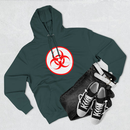 Red biohazard symbol on a dark unisex graphic hoodie, featuring danger warning streetwear design.