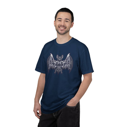 Mayan Bat Symbol T-Shirt | Tribal Geometric Blue & Indigo Graphic Tee