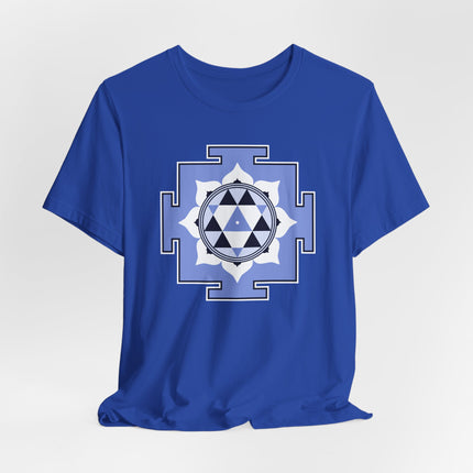 Blue t-shirt featuring Durga Yantra sacred geometry mandala graphic design.