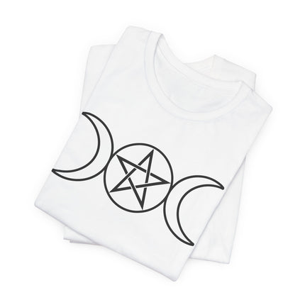 Triple moon and pentagram graphic tee for pagan or witchy spiritual apparel.