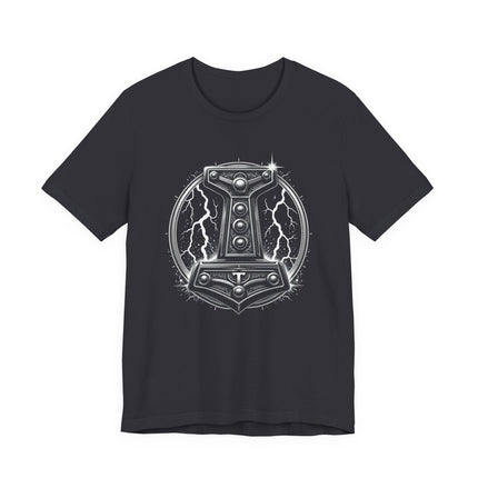 Mjolnir hammer graphic tee featuring Thor's powerful Norse mythology symbol.