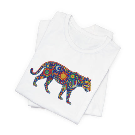 Vibrant Huichol jaguar graphic tee featuring cosmic sun and moon motifs.