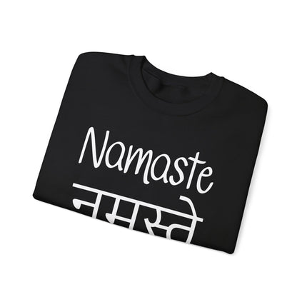 Namaste Hindi Devanagari yoga sweatshirt featuring cultural Indian spiritual script print.