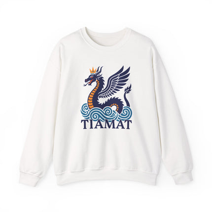 Mythological Tiamat winged dragon graphic on a pullover sweatshirt.