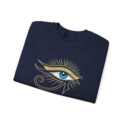 Golden Eye of Ra graphic on a navy sweatshirt, featuring ancient Egyptian protection symbols in gold.