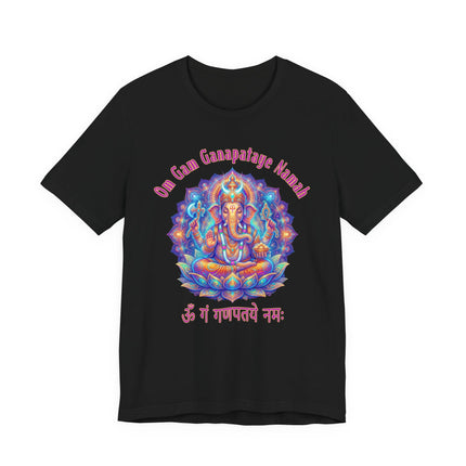 Psychedelic Ganesha mandala t-shirt featuring the Om Gam Ganapataye Namah mantra.