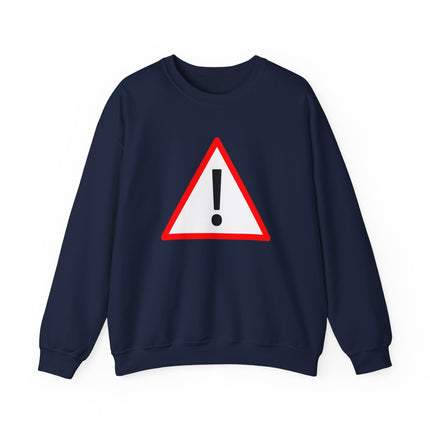 Danger warning sign sweatshirt featuring a large black exclamation mark graphic pullover.