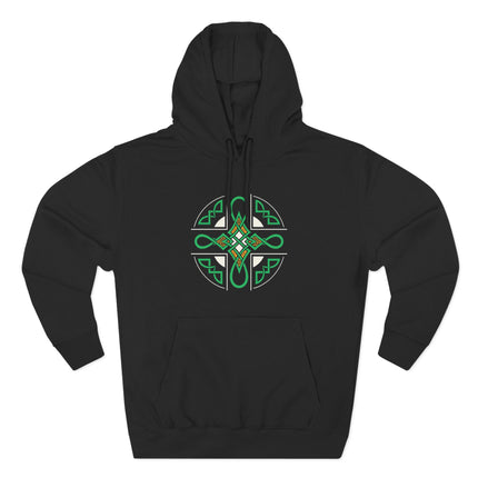 Green and gold Celtic knotwork symbol on a black hoodie. Irish heritage design.