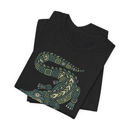 Mayan Crocodile T-Shirt | Curled Reptile with Geometric Patterns Tee