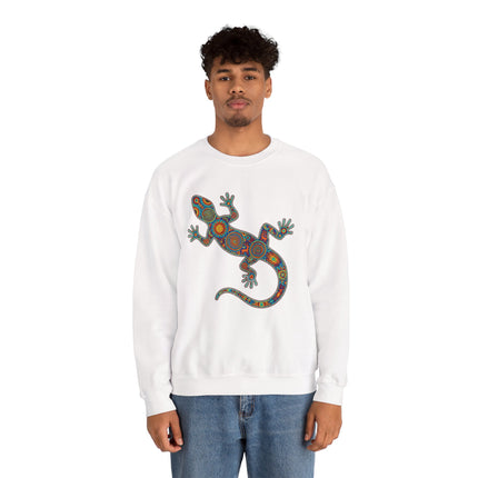Colorful tribal lizard art graphic on a white unisex pullover sweatshirt.