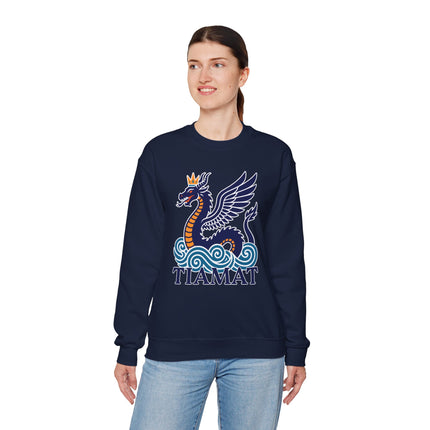 Mythological Tiamat sea dragon graphic on a dark pullover sweatshirt.