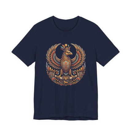Ornate Persian mythology emblem of a crowned, majestic mythical eagle (Shabaz).