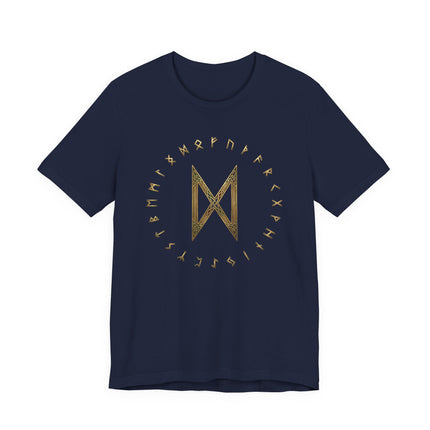 Dark blue tee featuring golden Dagaz rune and the complete Elder Futhark rune circle.
