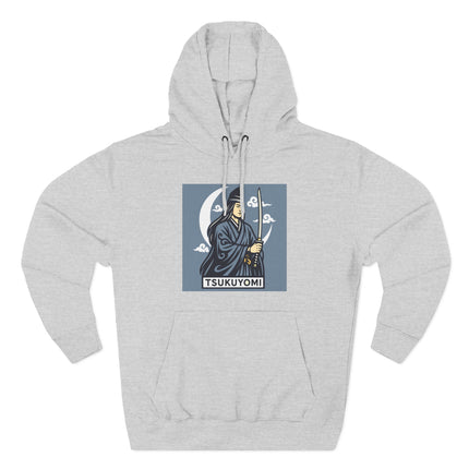 Tsukuyomi Japanese Moon God samurai graphic hoodie featuring a katana and crescent moon design.