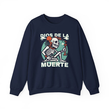 Dios de la Muerte Mayan skeleton god graphic printed on a black pullover sweatshirt.