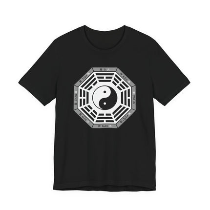 Black T-shirt featuring the Yin Yang symbol surrounded by the Bagua eight trigrams and Taoist characters.