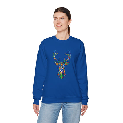 Vibrant Huichol deer symbol graphic on blue sweatshirt, Mexican folk art style.