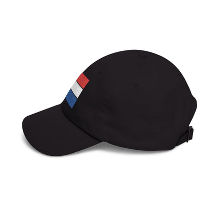 Black baseball cap featuring the embroidered Dutch tricolor flag.