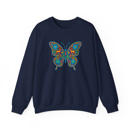 Colorful Huichol butterfly folk art print on Mexican style pullover sweatshirt.