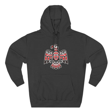Red and white Northwest Coast tribal hawk art graphic in formline style.