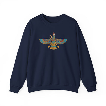 Faravahar winged symbol graphic print on a black zoroastrian Persian pullover sweatshirt.