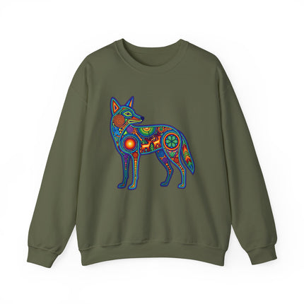 Vibrant Huichol coyote graphic featuring Mexican folk art on sweatshirt.