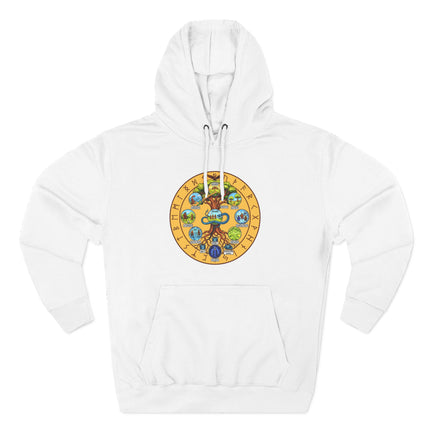 Yggdrasil World Tree graphic featuring the Nine Realms and Norse runes on a pullover hoodie.