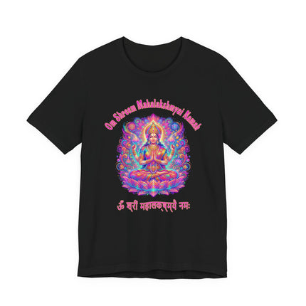 Vibrant Mahalakshmi goddess graphic on a black spiritual mantra t-shirt.
