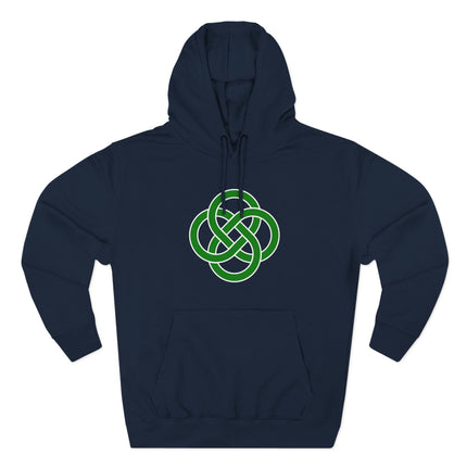 Green Celtic knot symbol of eternity on a navy blue pullover hoodie.