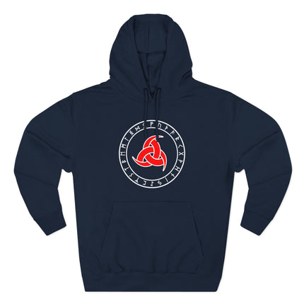 Viking hoodie featuring Odin's horns triskelion and surrounding Norse runes graphic.