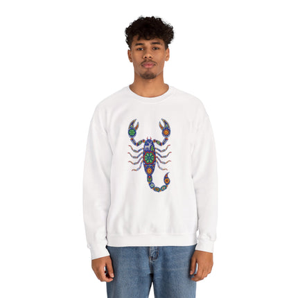 White sweatshirt featuring a vibrant Huichol-style scorpion folk art design.