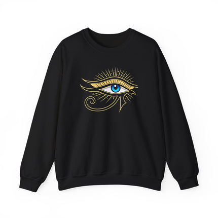 Eye of Ra Egyptian symbol graphic on a black pullover sweatshirt.