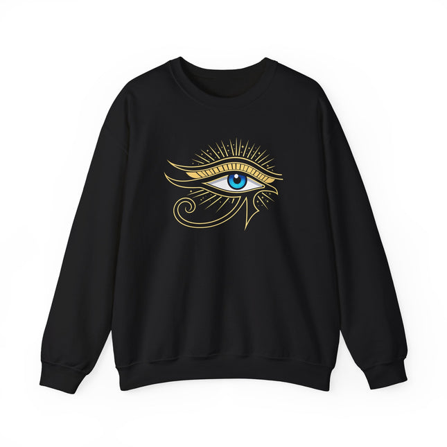 Eye of Ra Egyptian symbol graphic on a black pullover sweatshirt.