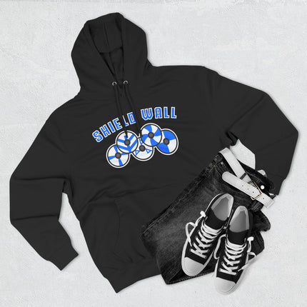 Black hoodie featuring a blue and white "SHIELD WALL" Norse Viking graphic.
