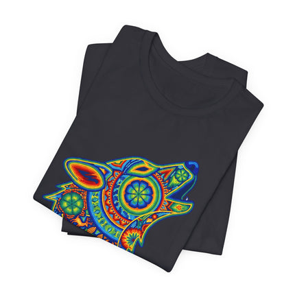Huichol style geometric howling wolf tribal art graphic tee.